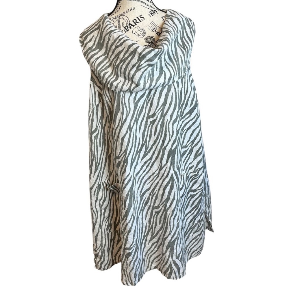 Match Point 100% Linen Grey Zebra Print Lagenlook Bohemian Tunic Mini Dress - Picture 9 of 10